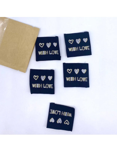 Lote de 5 etiquetas tejidas para coser With Love lurex