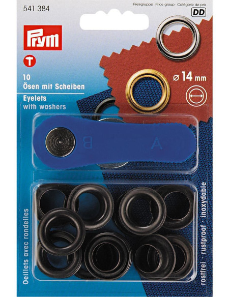 Caja de 10 ojales de 14 mm con herramienta de colocación - Negro