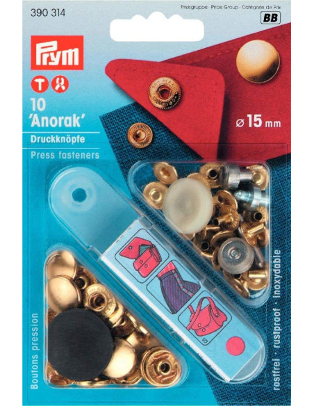 Caja de 10 botones de presión anorak dorados con herramienta de 15 mm