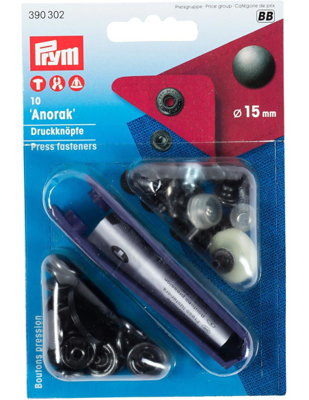 Caja de 10 botones de presión anorak Bruni con herramienta de 15 mm