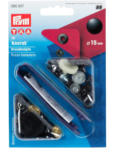 Caja de 10 botones de presión anorak Negro con herramienta de 15 mm
