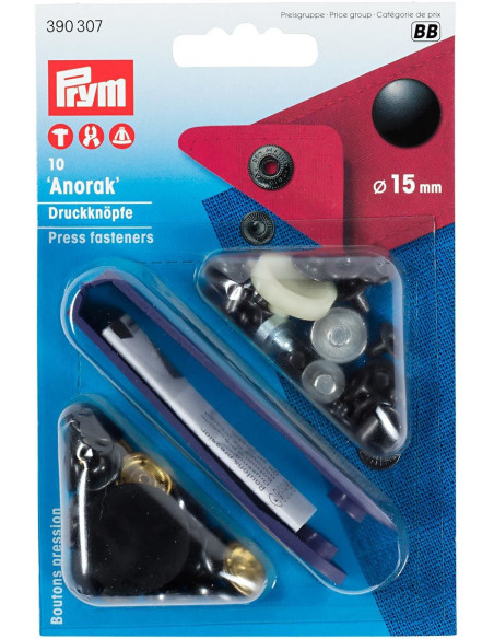 Caja de 10 botones de presión anorak Negro con herramienta de 15 mm