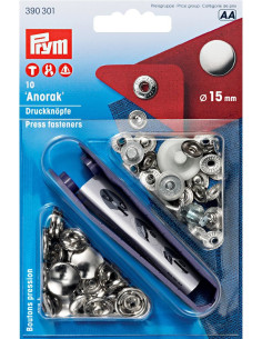 Caja de 10 botones de presión anorak Plata con herramienta 15 mm