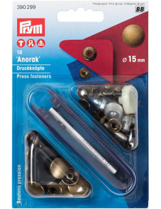 Caja de 10 botones de presión anorak Latón con herramienta 15 mm