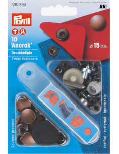 Caja de 10 botones de presión anorak Cobre antiguo con herramienta 15 mm