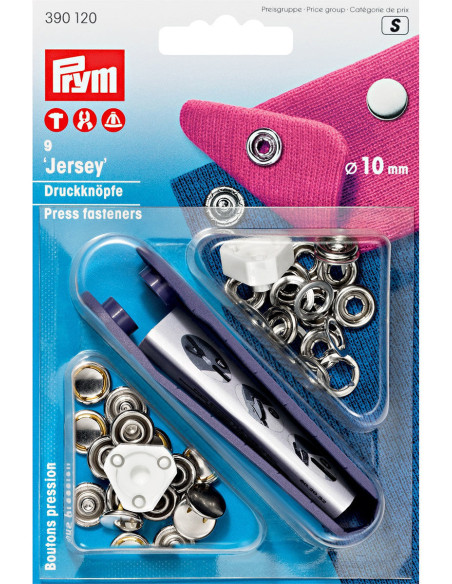 Caja de 9 botones de presión de jersey Níquel con herramienta de 10 mm