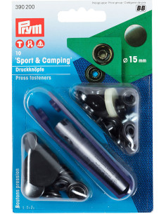 Caja de 10 botones de presión deporte camping Negro con herramienta 15 mm