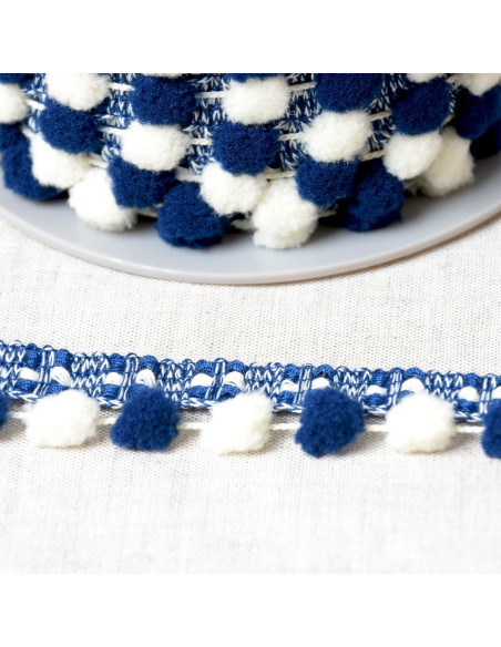 Galón con grandes pompones bicolores - Azul marino y crudo