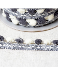 Galón con grandes pompones bicolor - Gris y crudo