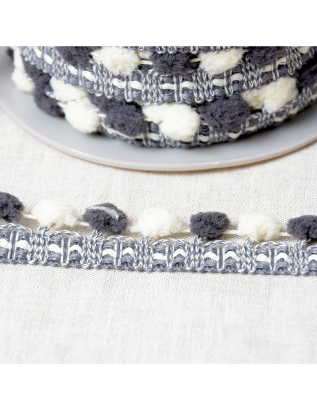 Galón con grandes pompones bicolor - Gris y crudo