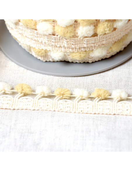 Galón con grandes pompones bicolor - Beige y crudo