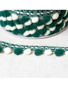 Galón con grandes pompones bicolor - Verde y crudo