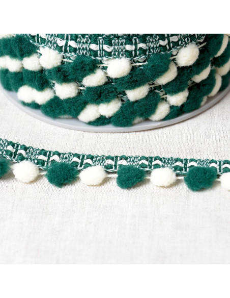 Galón con grandes pompones bicolor - Verde y crudo