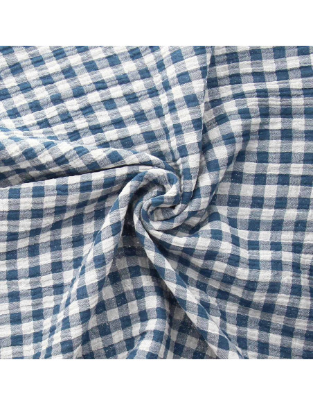 Tejido de doble gasa arrugada vichy - Piedra azul y blanco roto