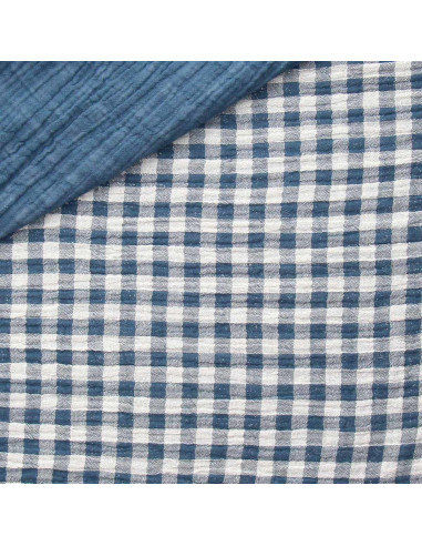 Tejido de doble gasa arrugada vichy - Piedra azul y blanco roto