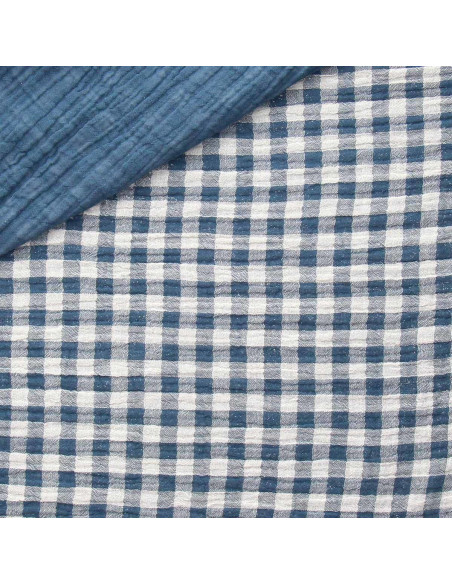 Tejido de doble gasa arrugada vichy - Piedra azul y blanco roto