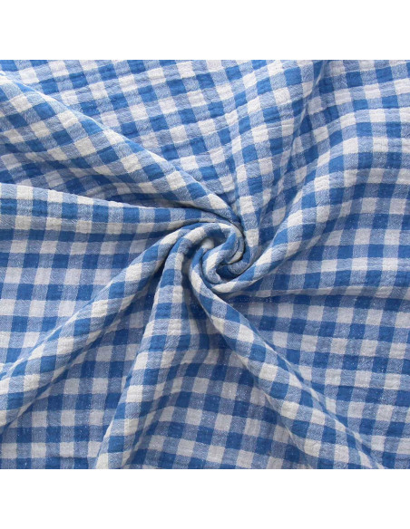 Tejido de doble gasa arrugada vichy - Azul y blanco roto