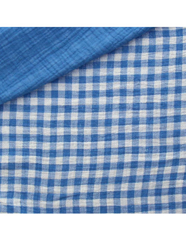 Tejido de doble gasa arrugada vichy - Azul y blanco roto