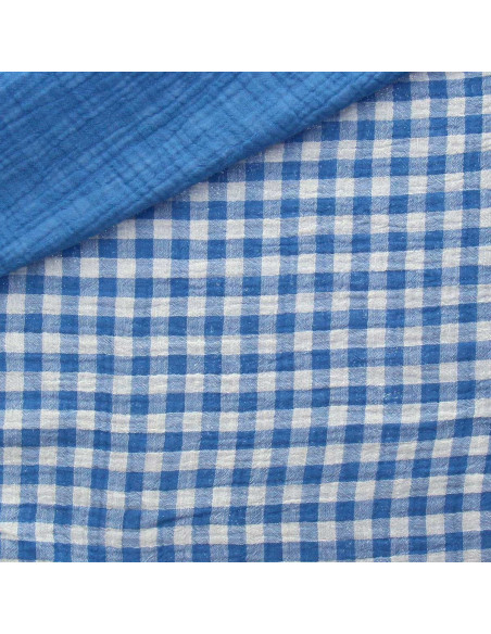 Tejido de doble gasa arrugada vichy - Azul y blanco roto