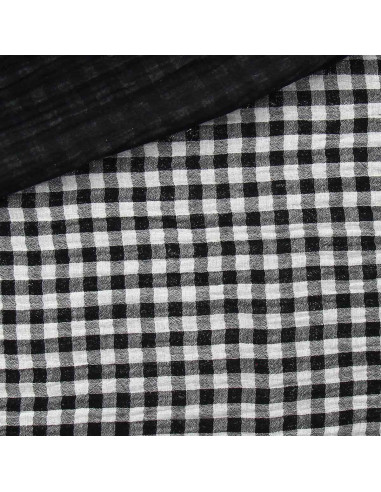 Tejido de doble gasa arrugada vichy - Negro y blanco roto
