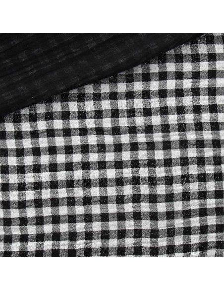 Tejido de doble gasa arrugada vichy - Negro y blanco roto