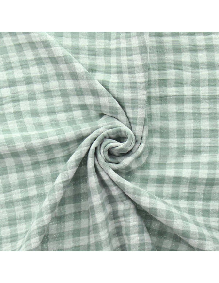 Tejido de doble gasa arrugada vichy - Verde grisáceo y blanco roto