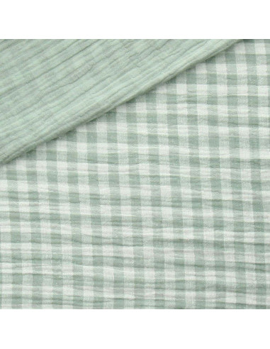 Tejido de doble gasa arrugada vichy - Verde grisáceo y blanco roto