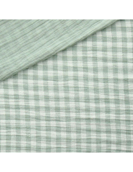 Tejido de doble gasa arrugada vichy - Verde grisáceo y blanco roto