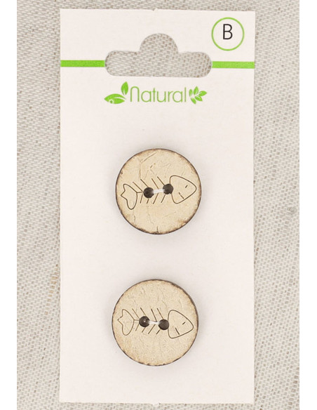 Tarjeta de 2 botones de madera natural de 18 mm 2 agujeros - Espinas de pescado