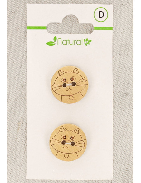 Tarjeta de 2 botones de madera natural de 18 mm 2 agujeros - Gato