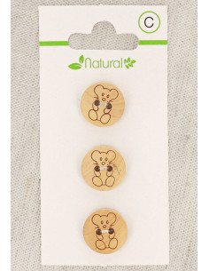 Tarjeta de 3 botones de madera natural de 14 mm 2 agujeros - Ratón