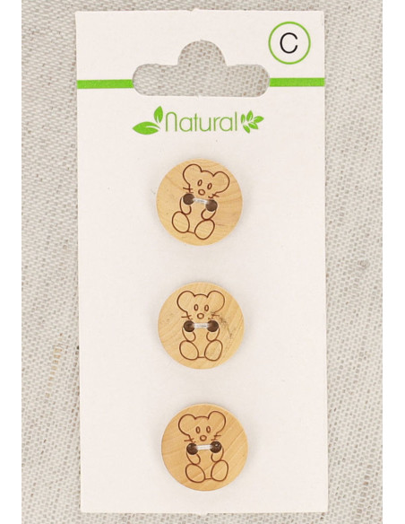 Tarjeta de 3 botones de madera natural de 14 mm 2 agujeros - Ratón