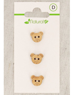 Tarjeta de 3 botones de madera natural de 11 mm con 2 agujeros - Cabeza de oso