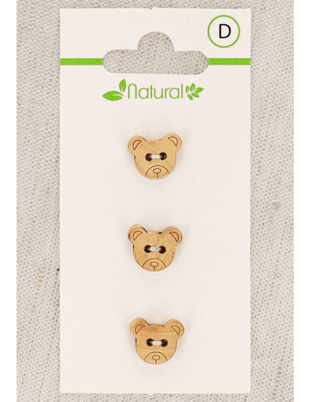 Tarjeta de 3 botones de madera natural de 11 mm con 2 agujeros - Cabeza de oso