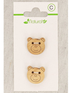 Tarjeta de 2 botones de madera natural de 18 mm 2 agujeros - Cabeza de oso