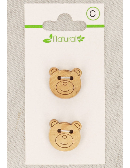Tarjeta de 2 botones de madera natural de 18 mm 2 agujeros - Cabeza de oso