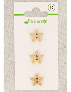 Tarjeta de 3 botones de madera natural de 12 mm 2 agujeros - Estrellas