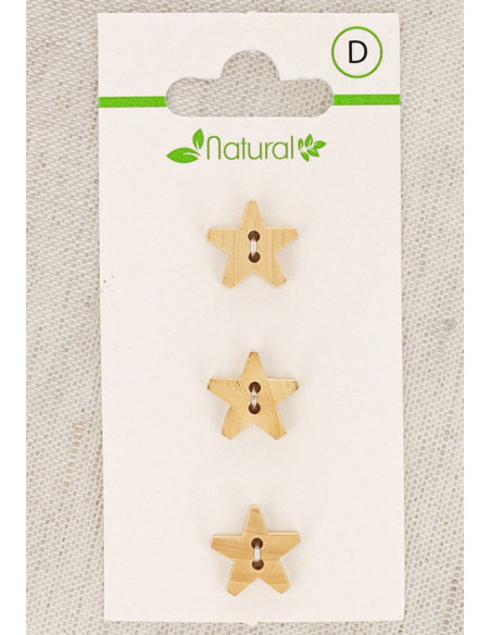 Tarjeta de 3 botones de madera natural de 12 mm 2 agujeros - Estrellas