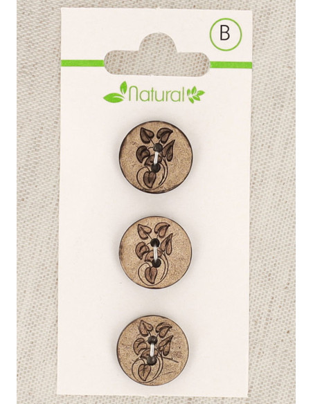 Tarjeta de 3 botones de madera natural de 15 mm 2 agujeros - Hojas