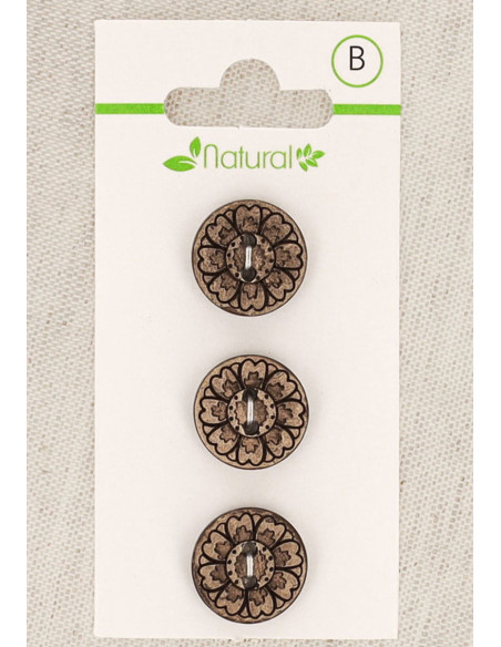 Tarjeta de 3 botones de madera natural 15 mm 2 agujeros - Arabescos
