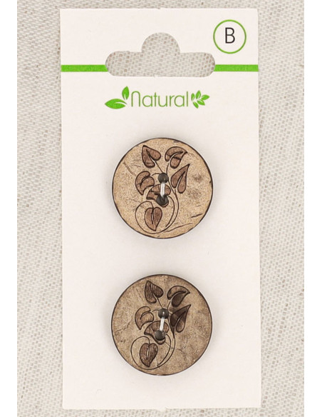 Tarjeta de 2 botones de madera natural de 20 mm 2 agujeros - Hojas