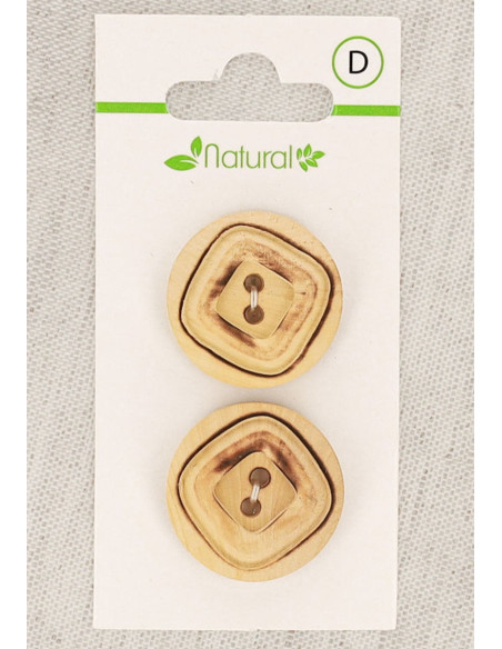 Tarjeta de 2 botones de madera natural 23 mm 2 agujeros - Cuadrados