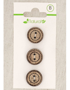 Tarjeta de 3 botones de madera natural de 15 mm 2 agujeros - Redondos punteados