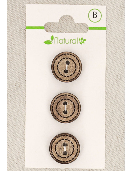 Tarjeta de 3 botones de madera natural de 15 mm 2 agujeros - Redondos punteados