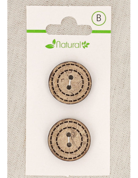 Tarjeta de 2 botones de madera natural de 20 mm 2 agujeros - Redondos punteados