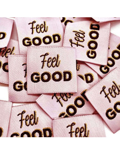 Lote de 5 etiquetas tejidas para coser Feel Good lurex rosa