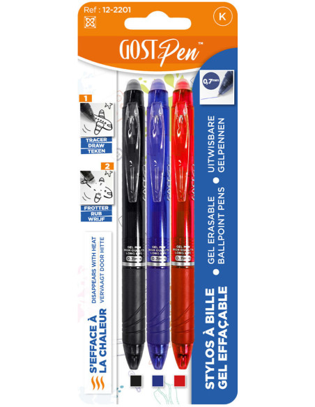 Set de 3 bolígrafos borrables por calor - Negro, rojo y azul marino