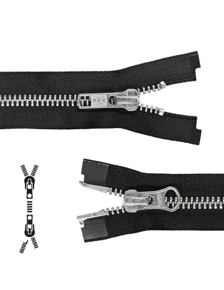 Cierre separable de metal boca a boca 80 cm - Negro malla plata