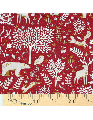 Tejido popelina de algodón - Rovalia rojo y beige