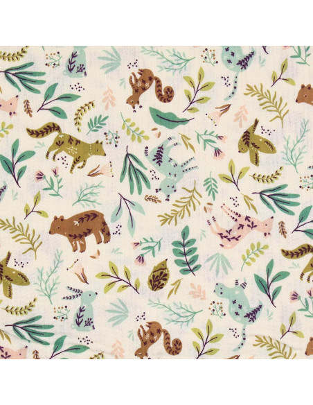 Tejido de doble gasa estampado - Anifolk crudo y verde
